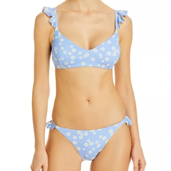 NWT Aqua Swim Bloomingdale’s Daisy Print Ruffled Bikini Top & Bottom Blue | sz S - Picture 1 of 6